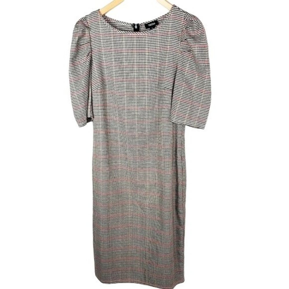 Tacera Herringbone puff sleeves dress Small Cream Pencil Red plaid - Picture 2 of 9
